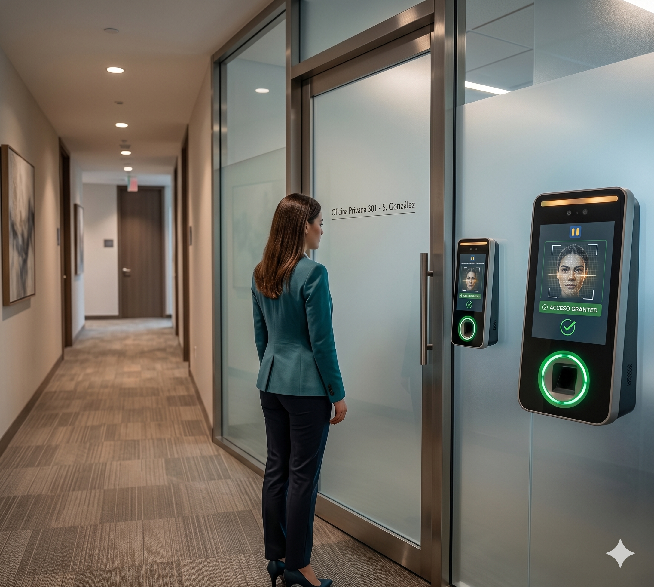Una persona ingresando a una oficina corporativa a través de una puerta de vidrio equipada con una terminal de reconocimiento facial y lector biométrico de Systemtronicx SAS.