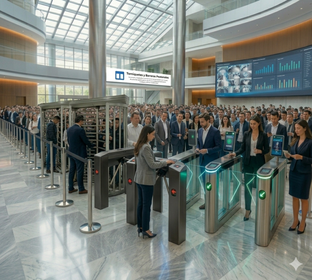Torniquetes tipo trípode, pasarelas speed gates y barreras de altura completa instaladas en un vestíbulo corporativo de alta densidad para el control de acceso peatonal.