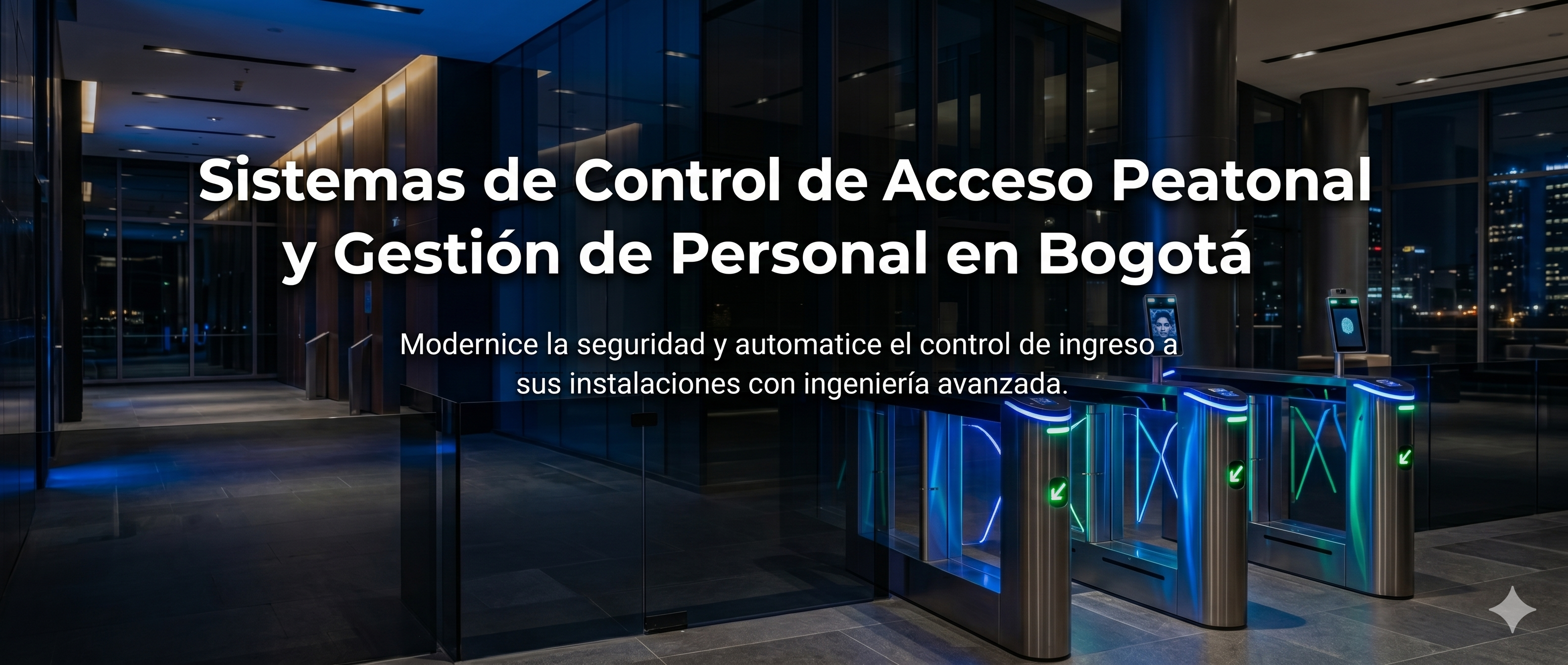 Banner principal de Systemtronicx SAS que muestra sistemas de control de acceso peatonal inteligente con reconocimiento facial y torniquetes biométricos instalados en un edificio corporativo en Bogotá.